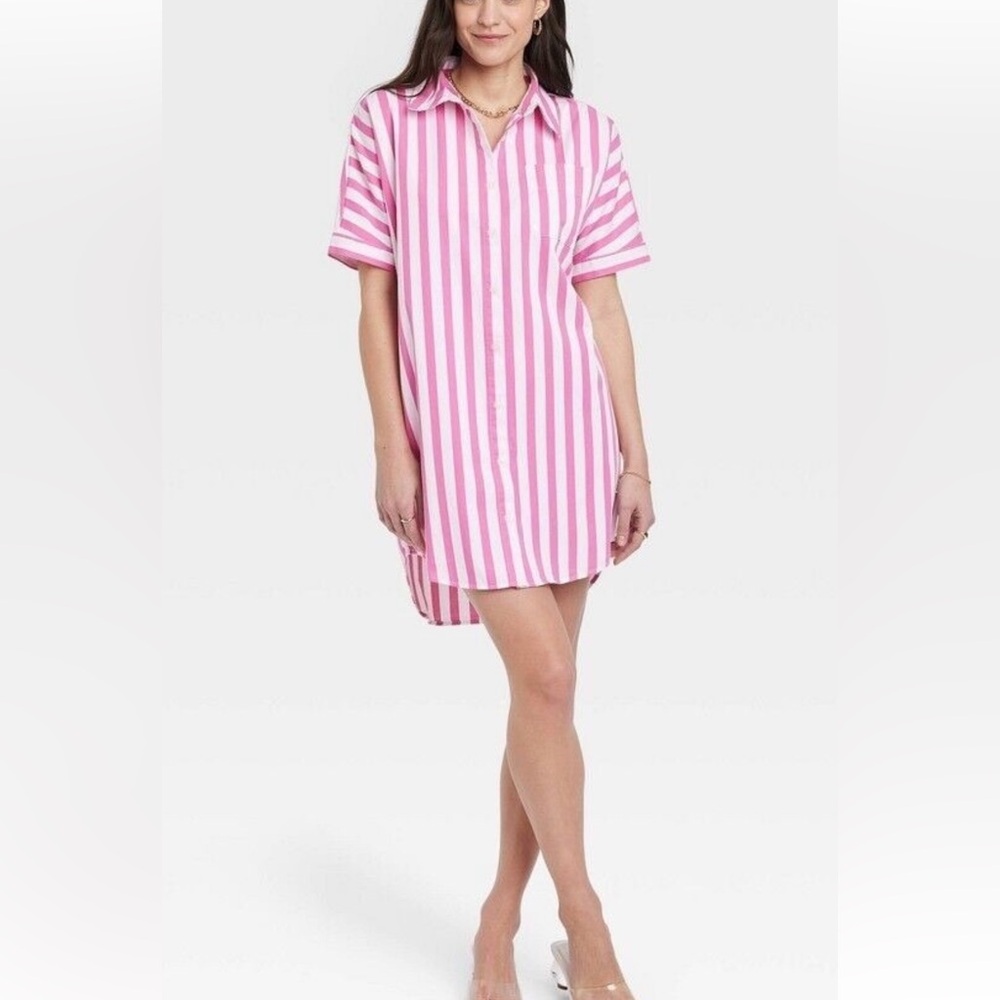 Pink and White Striped Shirt Dress